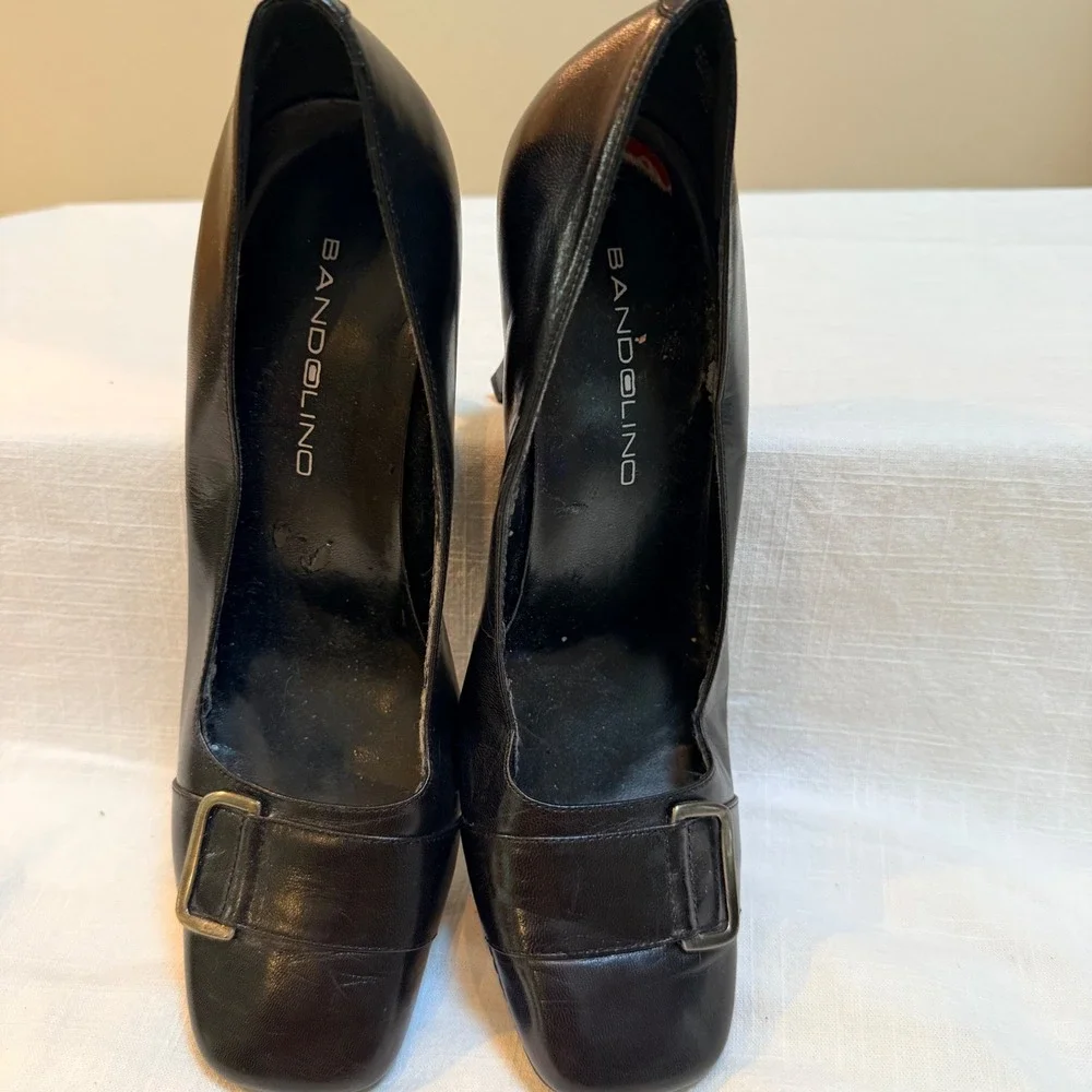 Bandolino Flawless Pumps 7M Black Leather Square Toe Buckle Stiletto Heels